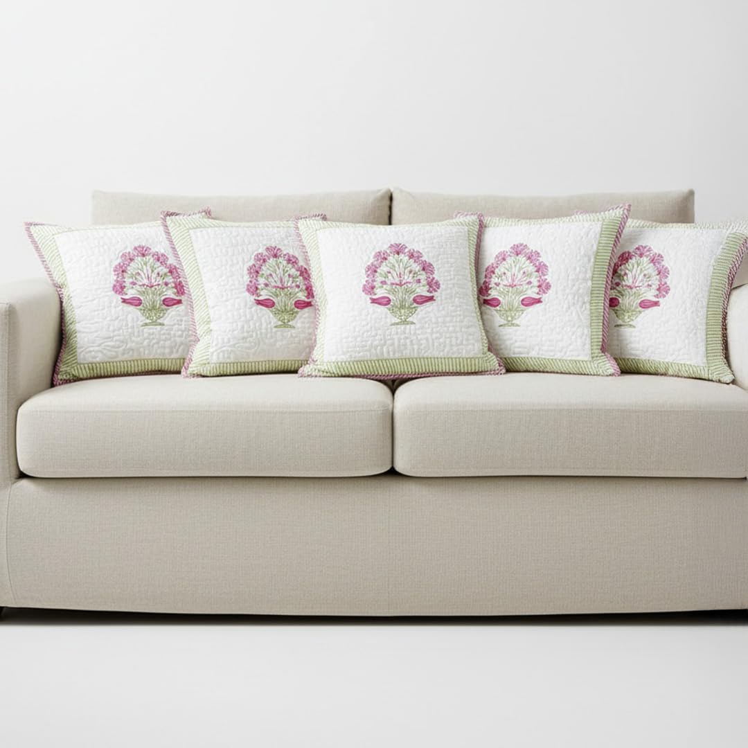 HOMEMONDE Set of 5 Cushion Covers 16x16 Inches – Soft Floral Hand Block Print, Premium Cotton 300 TC Pillow Cases for Living Room & Kids Room – Pink (40x40 cm)