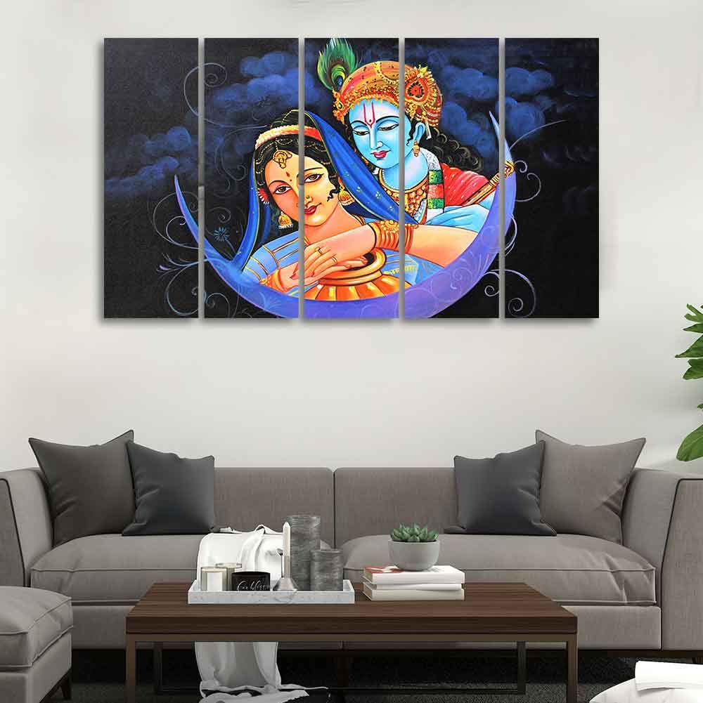 VIBECRAFTS Radha Krishna Canvas Wall Painting Set of Five Pieces For Home|Office|Living Room|Gift (PTVC5Pcs4_8698)