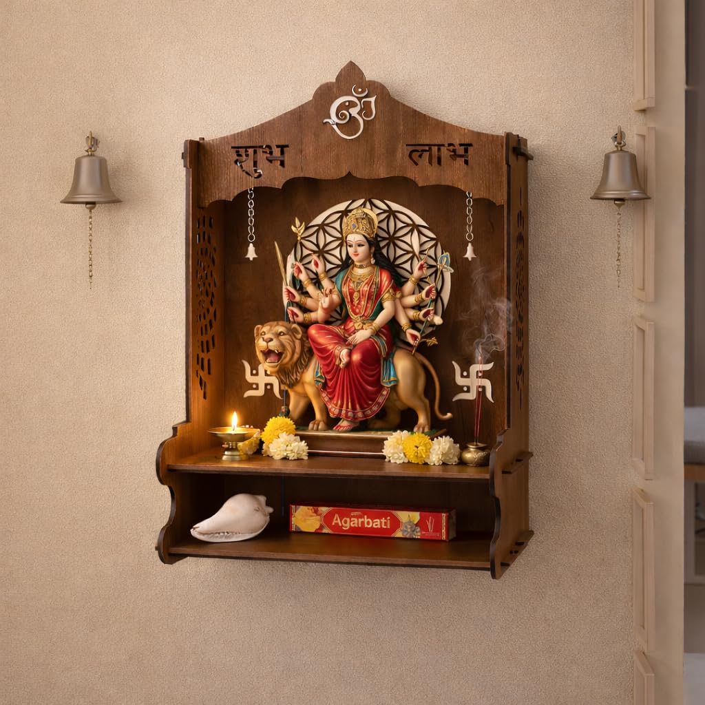 SHIV FURNITURE Mangal Beautiful Wooden Pooja Stand for Home, Temple, Office, Wall Mounted Puja Mandir (Brown)