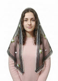 ELITE APRIL Black Triangle Church Scarf(Catholic mantilla) with Embroidered Floral Design, Net Fabric, 240 cm Length, with Wig Clip.