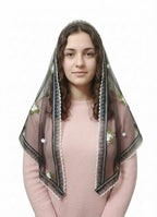 ELITE APRIL Black Triangle Church Scarf(Catholic mantilla) with Embroidered Floral Design, Net Fabric, 240 cm Length, with Wig Clip.