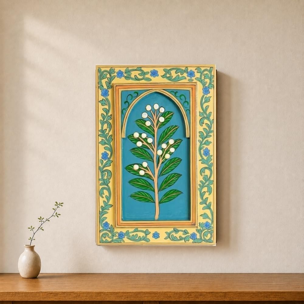 ATRANGI STUDIO Motiphool Handpainted Wooden Wall Frame | Rajasthani Traditional Craft | Decorative Floral Wall Hanging Art for Living room, Bedroom, Office | 12×18 Inch, Teal