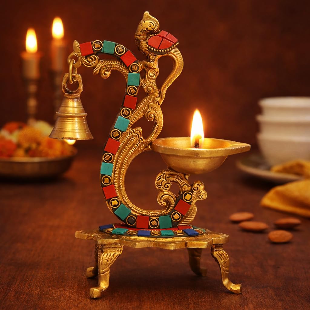 Artvarko Gemstone Work Brass Peacock Diya with Bell Antique Finish Ethnic Oil Lamp for Home Décor ,100% Pure Brass Antique Oil lamp for Office Home Temple, 8 inches