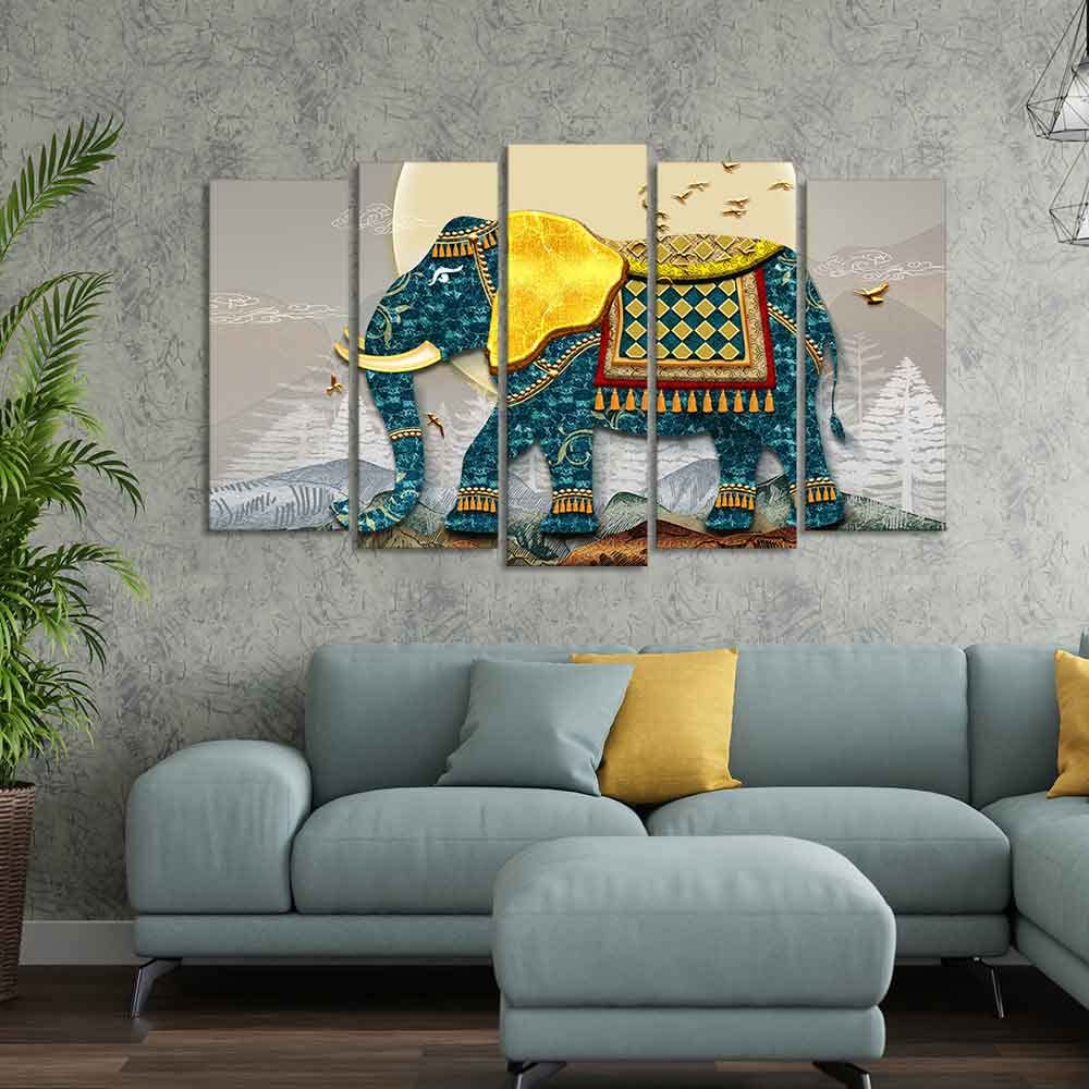 VIBECRAFTS Royal Elephant With Golden Tusks Canvas Wall Painting of Five Pieces For Home|Office|Living Room|Gift (PTVC5Pcs2_6629)