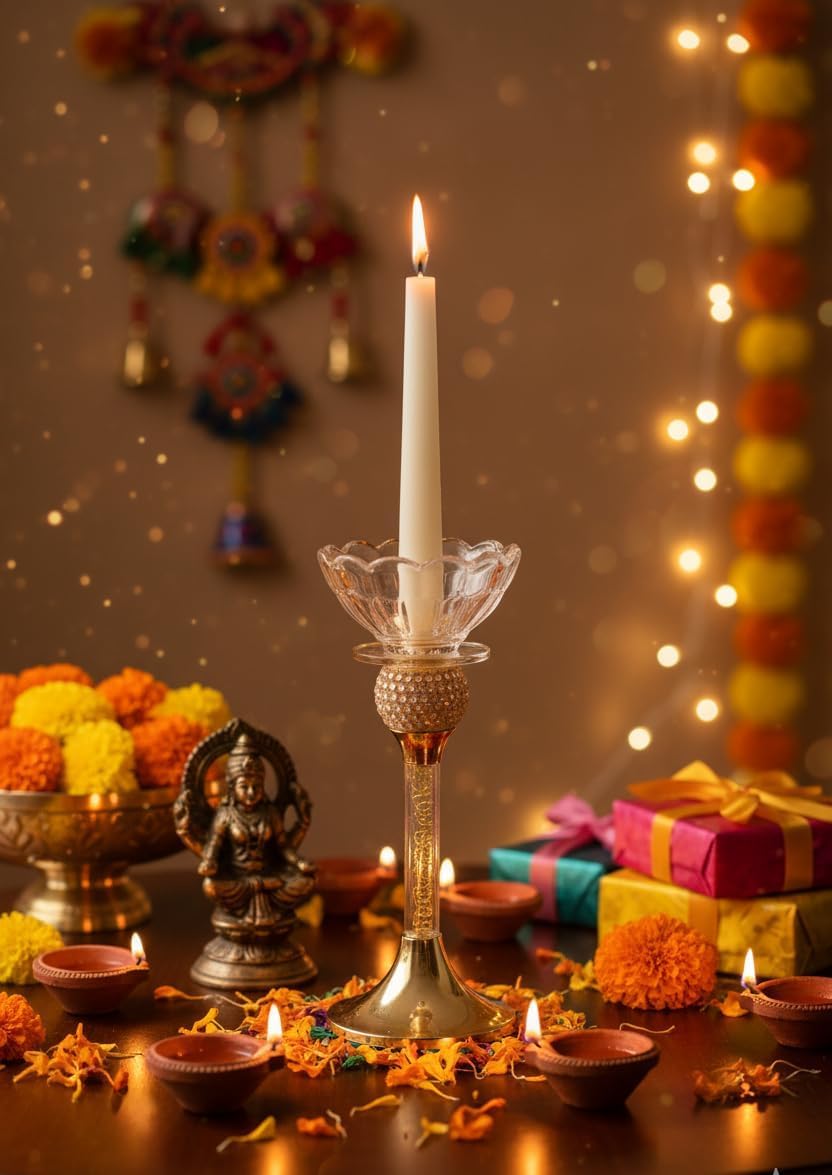 PIXELERA Luxury Gold Candle Stand Holder with Crystal Lotus Bowl | Decorative Metal Candle Holder for Home Décor, Pooja, Festival & Table Centerpiece (Crystal Glass Diya Stand)