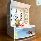 HomScape Om Wooden Wall Mounted Temple for Home, Office, Living Room | White Pooja Mandir with LED Light & Storage Shelf | Small Wooden Temple 15.8 Height | Home Temple Decor with Storage Cabinet