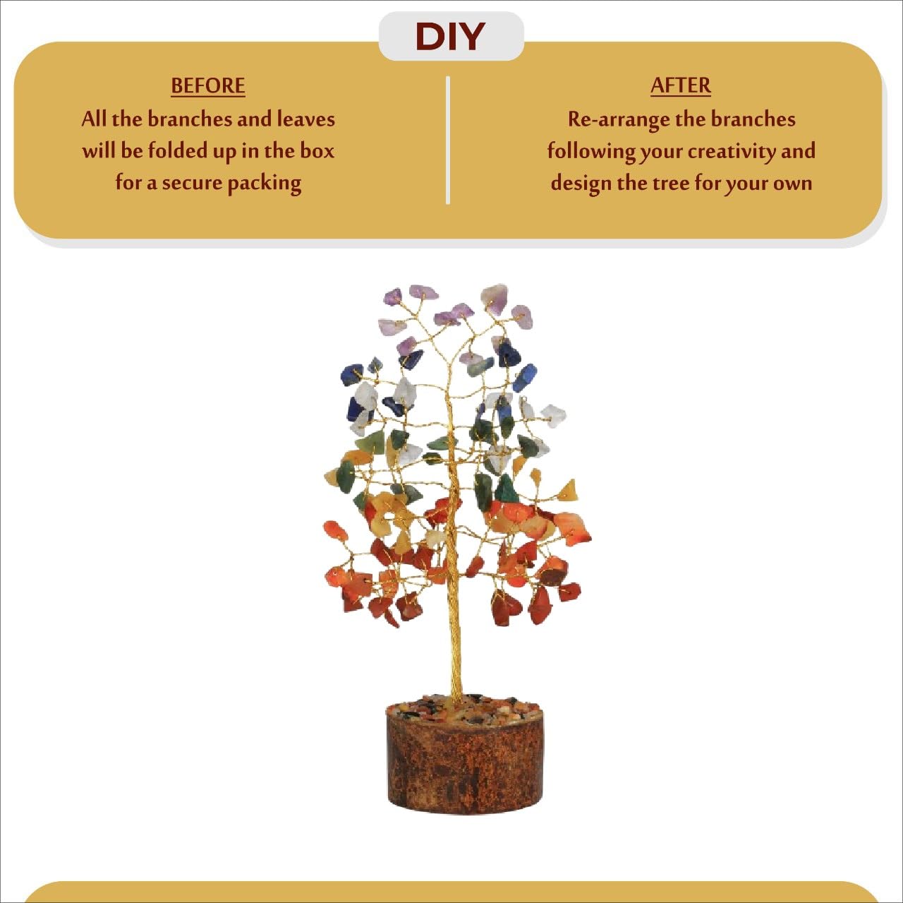 TOI SHOP Seven Chakra Crystal Gemstone Bonsai Money Tree - 6 Inch Reiki Feng Shui Tree (100 Beads) - for Good Luck Wealth Prosperity Healing Vastu Housewarming Gift Home Decor