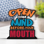 Artvibes Wooden Idols and Figurine Open Your Mind Before Your Mouth Quote Table Decor for Office Desk | Home Decor Item | Living Room | Bedroom | Modern Art Wood Alphabet Showpieces Gift (Sp_1136)