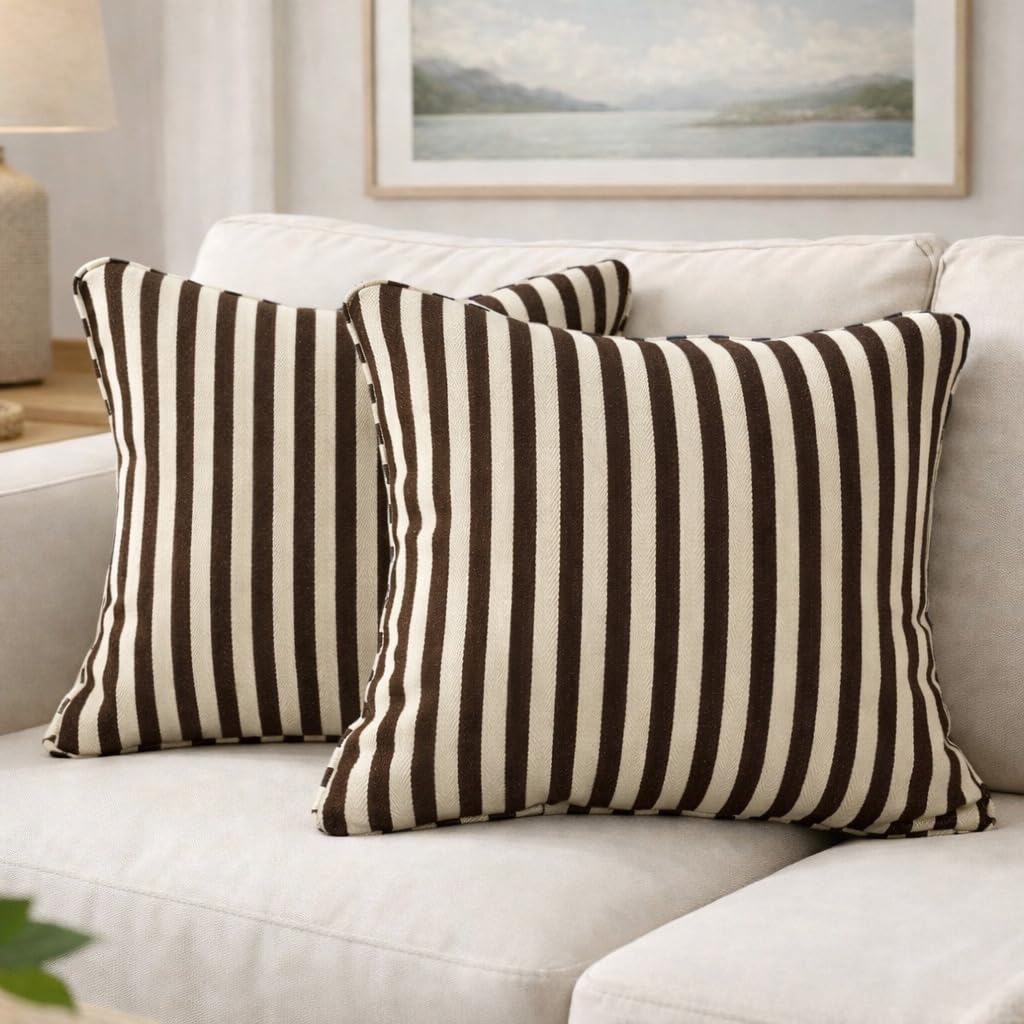 AWARD VELVETS - 100% Cotton - Dark Brown Stripes Cushion Covers Set of 2 (16 x 16 inches) - Cushion Covers for Sofa & Living Room Décor