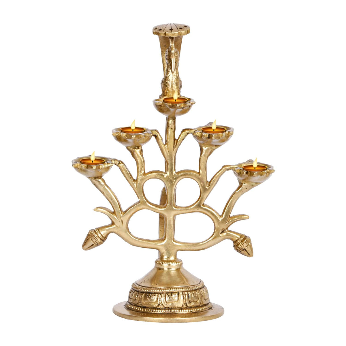 Artvarko™ Peacock Bird Design 5 Oil Wick Brass Diya Aarti Diya with Handle Decorative Puja Accessory, Camphor Burner lamp Aarti for Navratra, Diwali Gifts Home Decor 8.5 Inches.