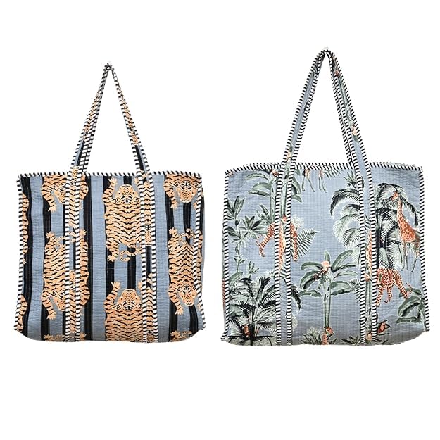 Yda fashion Handmade Quilted Cotton Tote Bag – Large Travel Shoulder Bag with Pockets, Lightweight & Durable – Stylish Printed Handbag for Daily uses (Pack of 2) (Multicolor9)