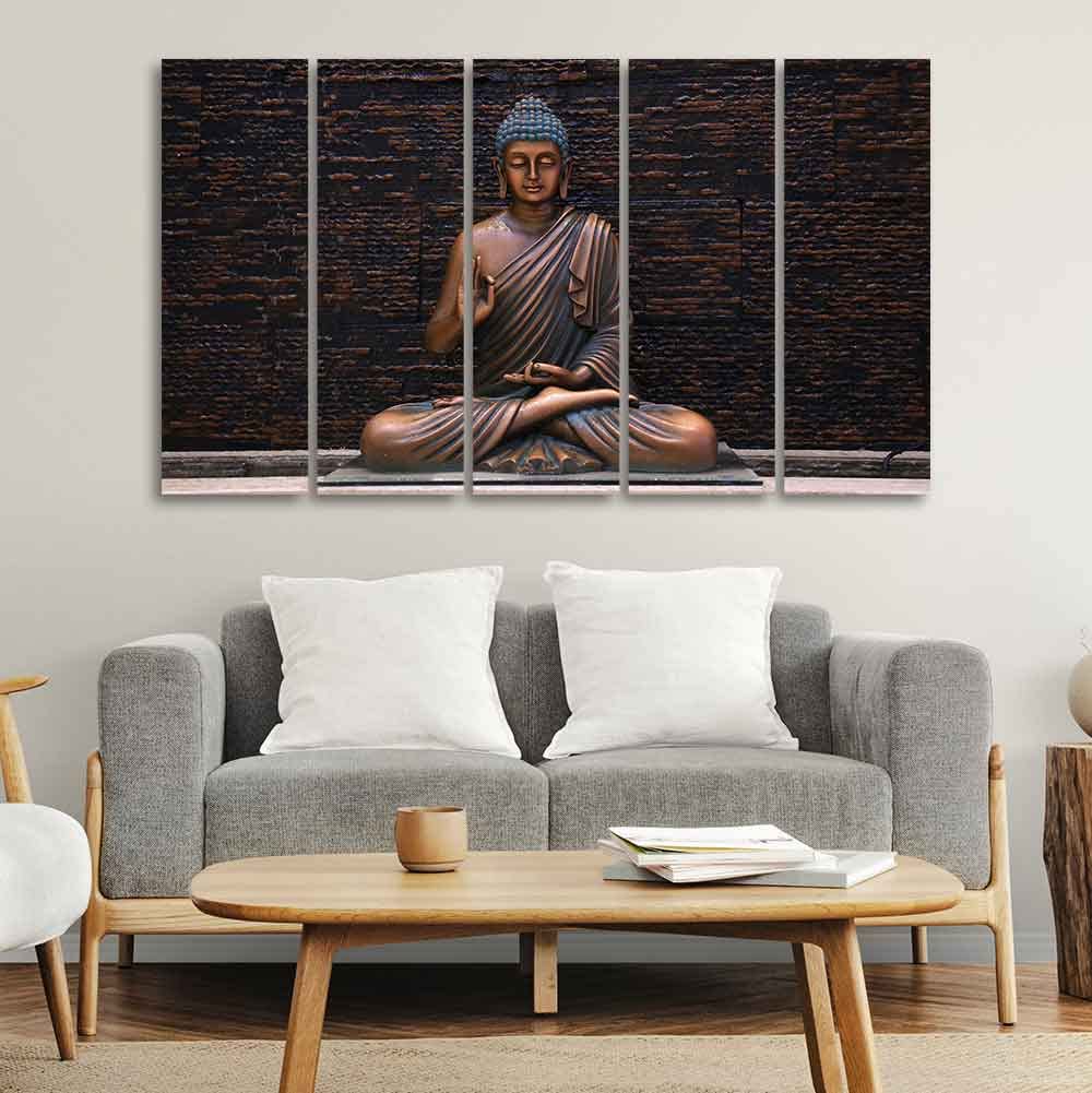VIBECRAFTS Buddha Meditating Statue Set of Five Canvas Wall Painting For Home|Office|Living Room|Gift (PTVC5Pcs4_8680)