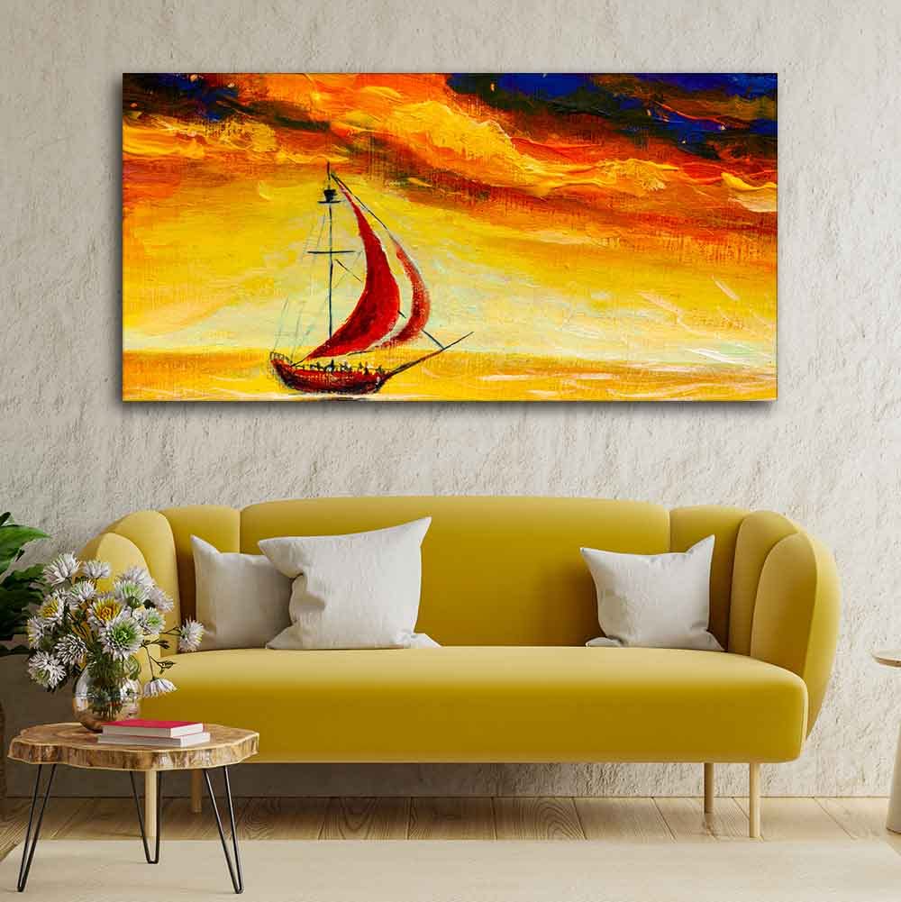 VIBECRAFTS Canvas Paintings for Living Room Drawing Room Sailing Ship with Red Sails with Yellow Sea Background Wall Painting Fitted with Wooden Frame for Home|Office|Gift(PTVCH_2276)