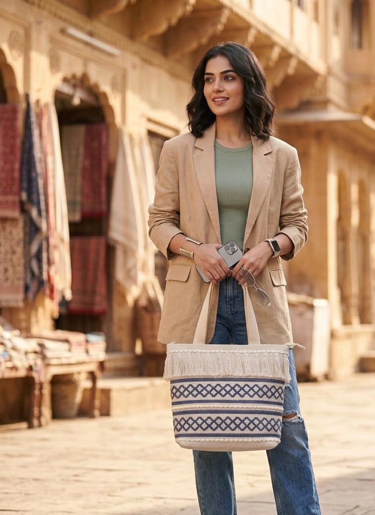 Wisdom Decor Handwoven Cotton Tote Bag with Blue Geometric Pattern, Bohemian Tassels, and Pom-Poms – Stylish Shoulder Bag for Daily Use, Beach, and Travel