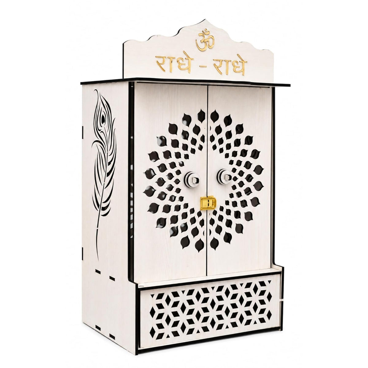Venlay Wood Premium Wooden Home Mandir with Openable Doors & Storage Drawer - Walnut Brown Finish Pooja Ghar Featuring Silver Radhe-Radhe & Om Accents - Compact Wall Hanging & Desktop Temple (White)