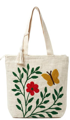 Wisdom Decor Hand-Embroidered Cotton Slub Tote Bag for Women | Premium Shoulder Bag with Zipper Closure & Tassel Accent | Eco-Friendly Shopping, Travel & College Handbag (Butterfly Flower)