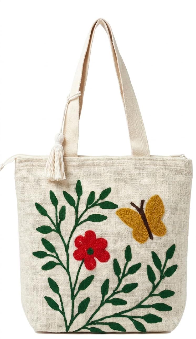 Wisdom Decor Hand-Embroidered Cotton Slub Tote Bag for Women | Premium Shoulder Bag with Zipper Closure & Tassel Accent | Eco-Friendly Shopping, Travel & College Handbag (Butterfly Flower)