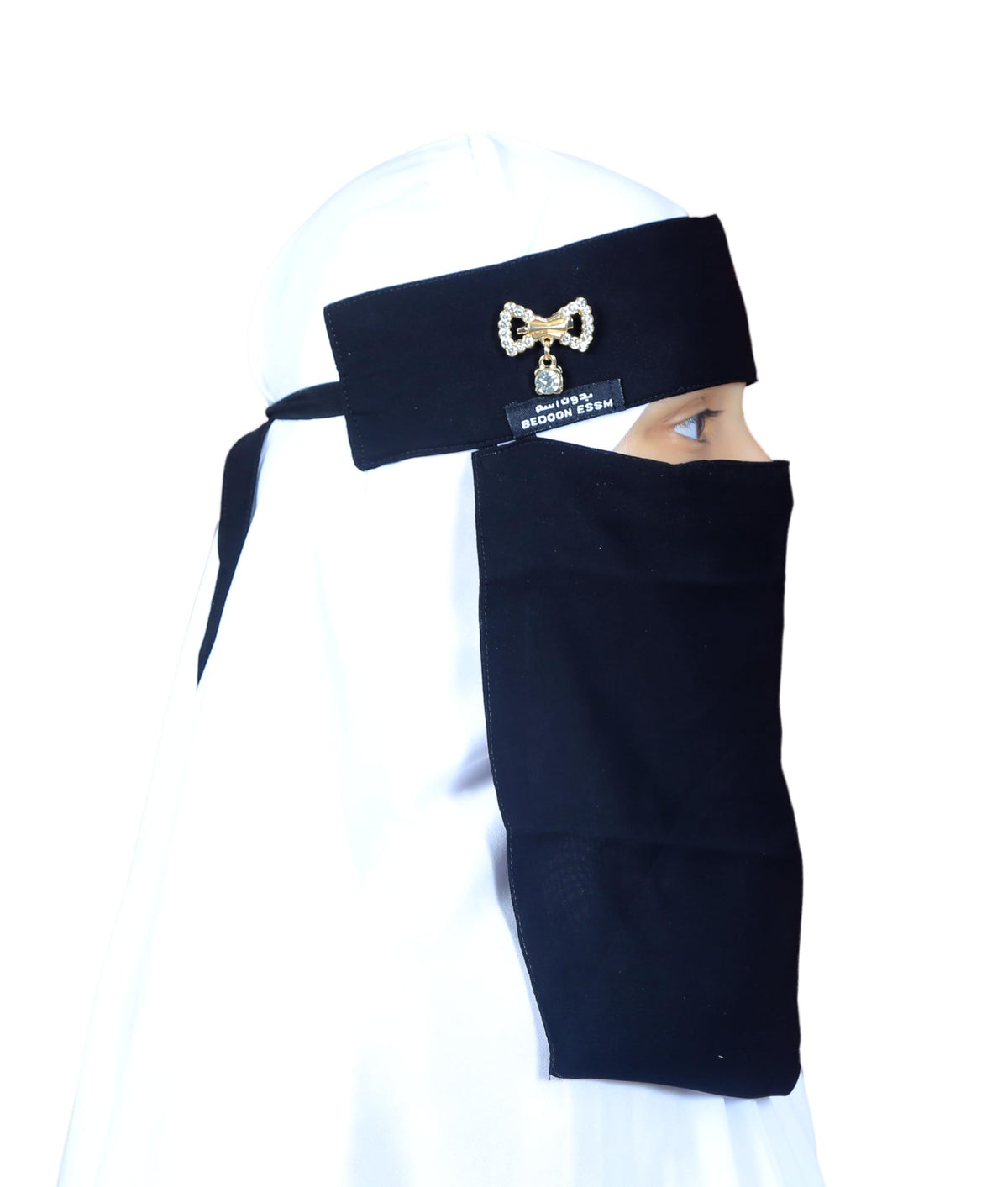 AL RIDHA Women's Babussalam Fabric Fashion Nosepiece One‑Layer Half Hijab Pendant Design Saudi Niqab for Muslim Women and Girls, Black (Gold Bow Drop Pendant)