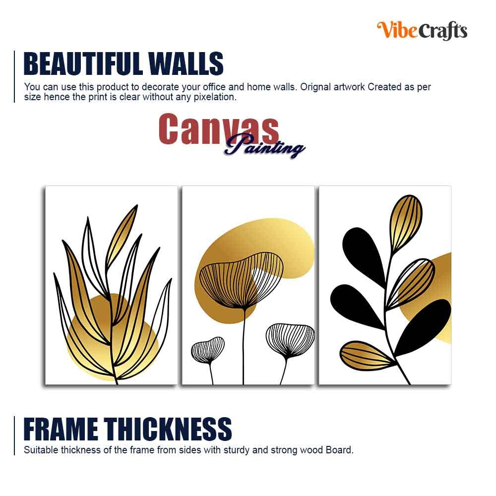 VIBECRAFTS 3 Pieces Golden Botanical Line Art Canvas Wall Painting Fitted With Wooden Frame For Home | Office | Living Room | Gifts(PTVC3Pcs3_11522N)