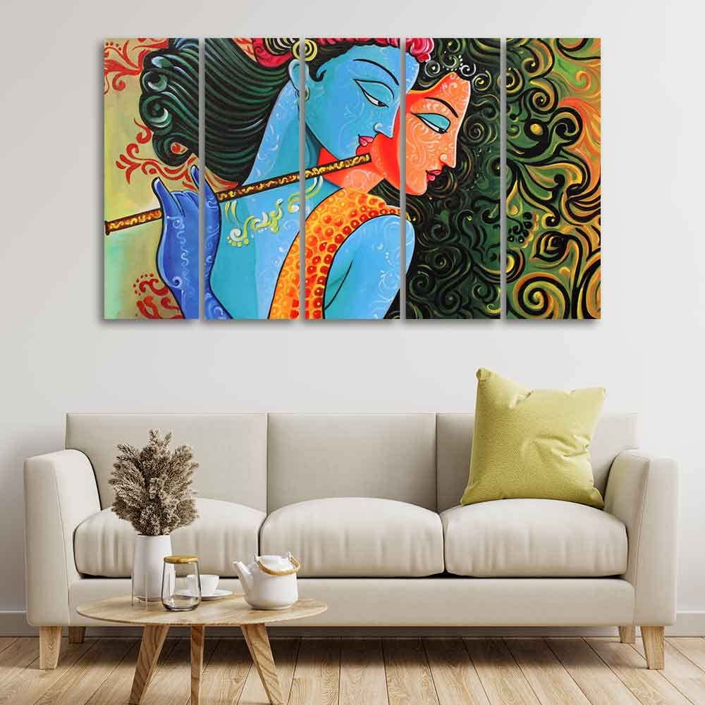 VIBECRAFTS Divine Radha Krishna Canvas Wall Painting Set of Five Pieces For Home|Office|Living Room|Gift (PTVC5Pcs4_8694)