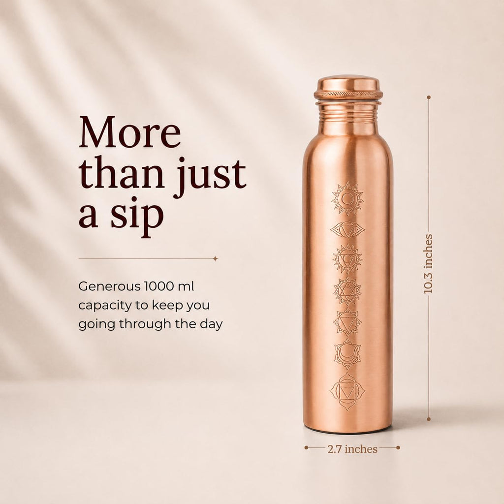 AURASHIE Pure Copper Water Bottle 1 Litre with Sacred (7 Chakras) Geometry Design | BPA Free & Leak Proof | Copper-Infused Water | Durable & Rust Proof | Ayurveda Health Benefits - (Plain Copper)