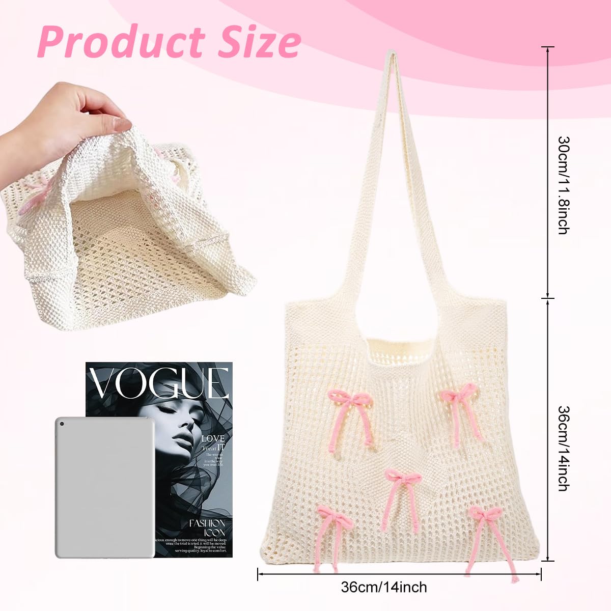 PALAY® Tote Bag for Woman Bow Crochet Mesh Knitted Shoulder Bag Coquette Cute Aesthetic Travel Tote for Girls