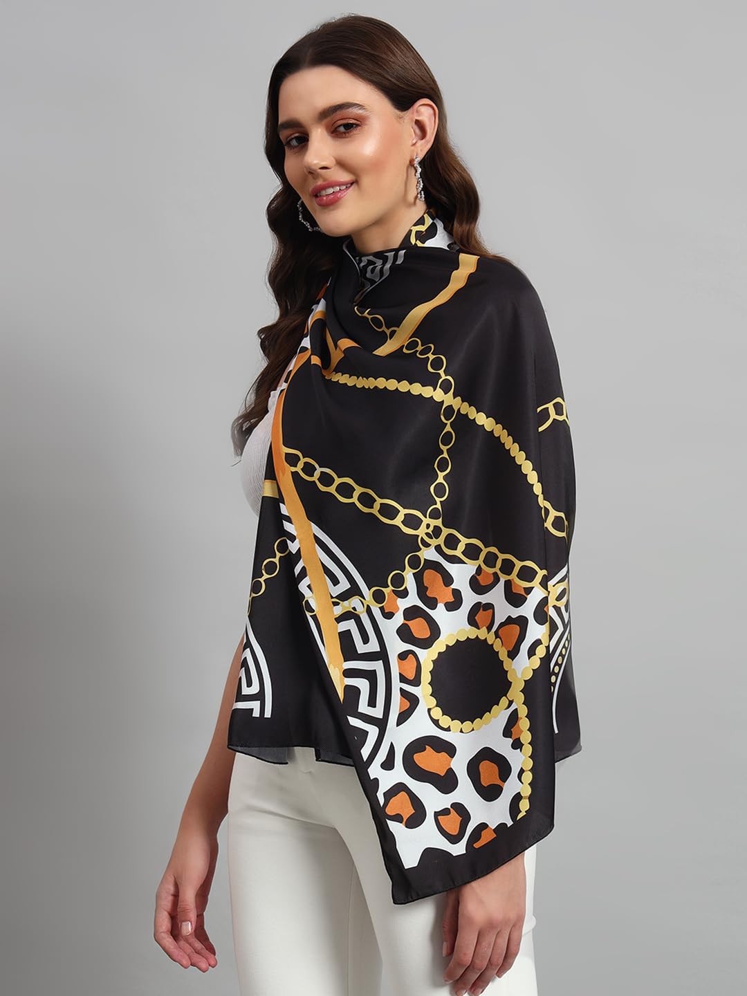 Ravaiyaa - Attitude is everything Women Lightweight Printed 100% Satin Silk Scarf Stoles Breathable Neckerchief Head Beach Wrap Scarves (Black Abstract, 70 x 20 Inch)
