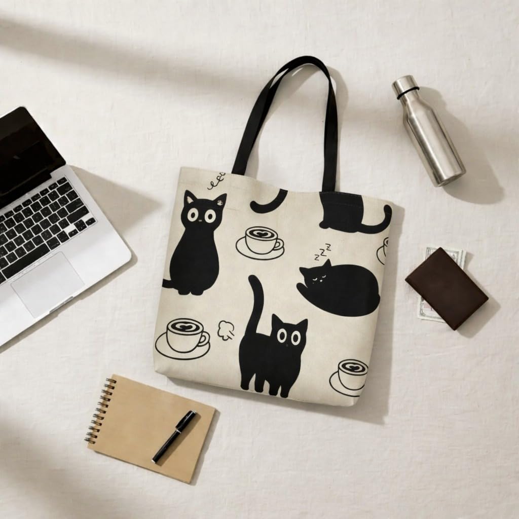 HOMELYA Black Cat Printed Zippered Canvas Tote Bag for Women Eco Friendly Reusable Grocery Shoulder Handbag Large Capacity Shopping Bag for Office College Travel Daily Use