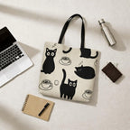HOMELYA Black Cat Printed Zippered Canvas Tote Bag for Women Eco Friendly Reusable Grocery Shoulder Handbag Large Capacity Shopping Bag for Office College Travel Daily Use