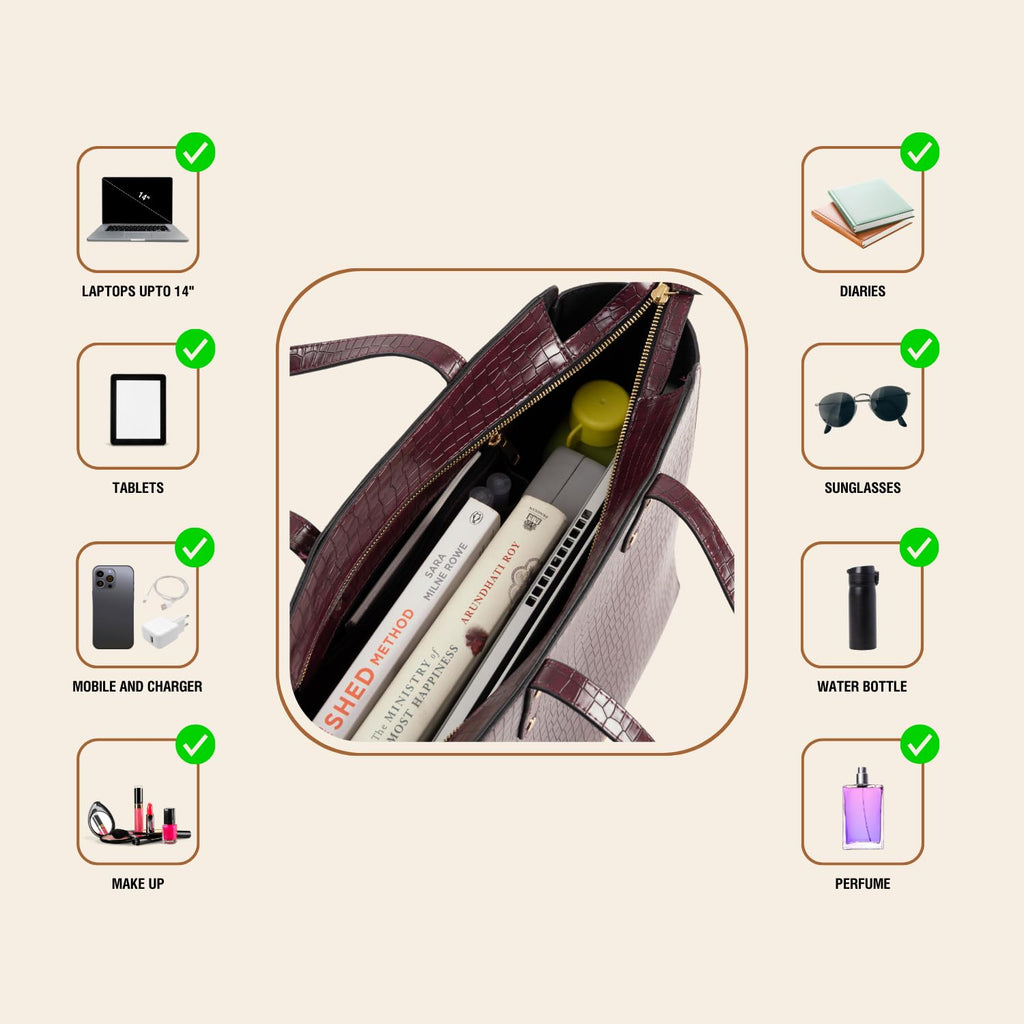 The Gusto Beyond+ Croco - Premium Vegan Leather Tote Bag for Women, Big Size, Wine | Stylish Handbag for women with Zip Closure | Fit for Office Bag, College, Travel Use | Handcrafted in India
