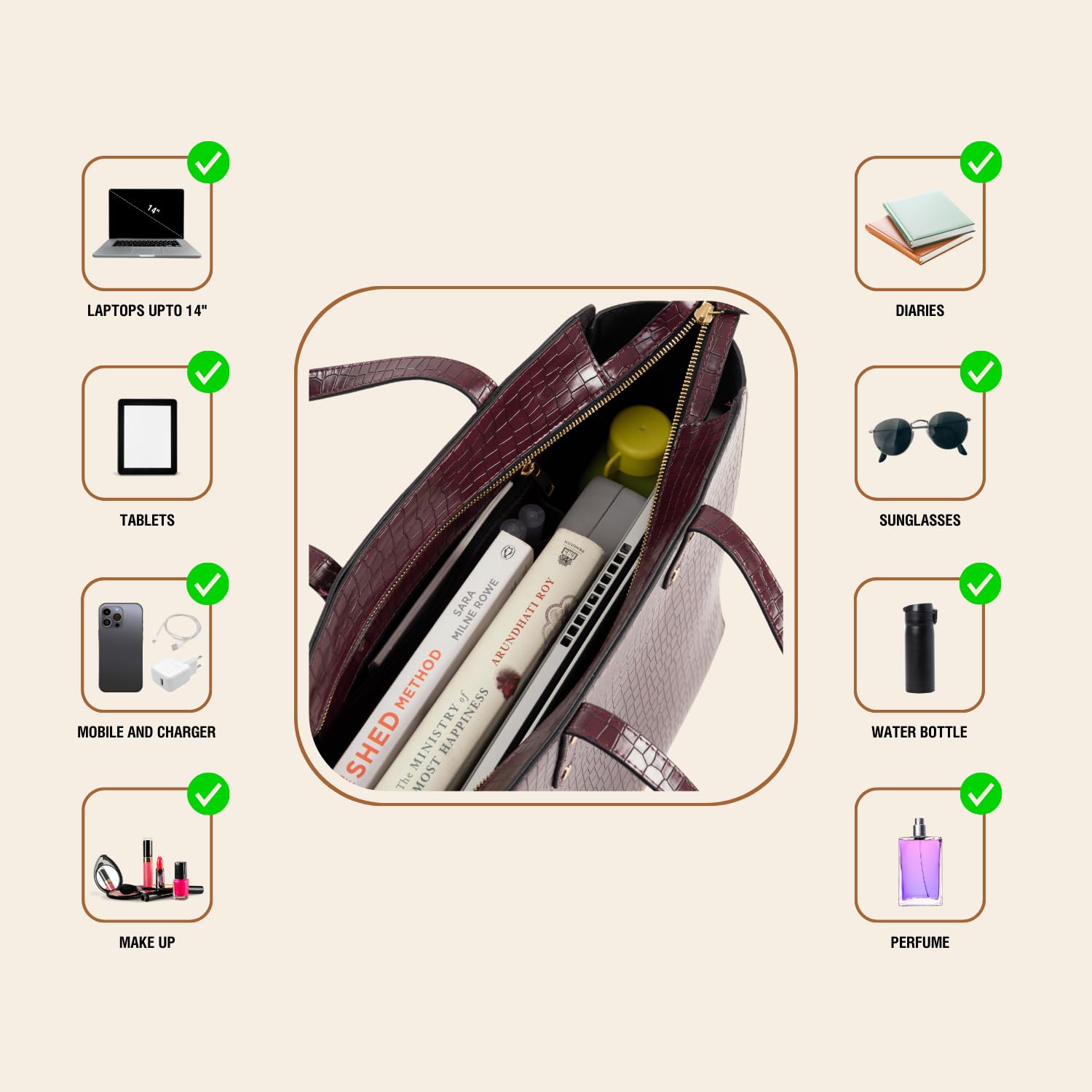 The Gusto Beyond+ Croco - Premium Vegan Leather Tote Bag for Women, Big Size, Wine | Stylish Handbag for women with Zip Closure | Fit for Office Bag, College, Travel Use | Handcrafted in India