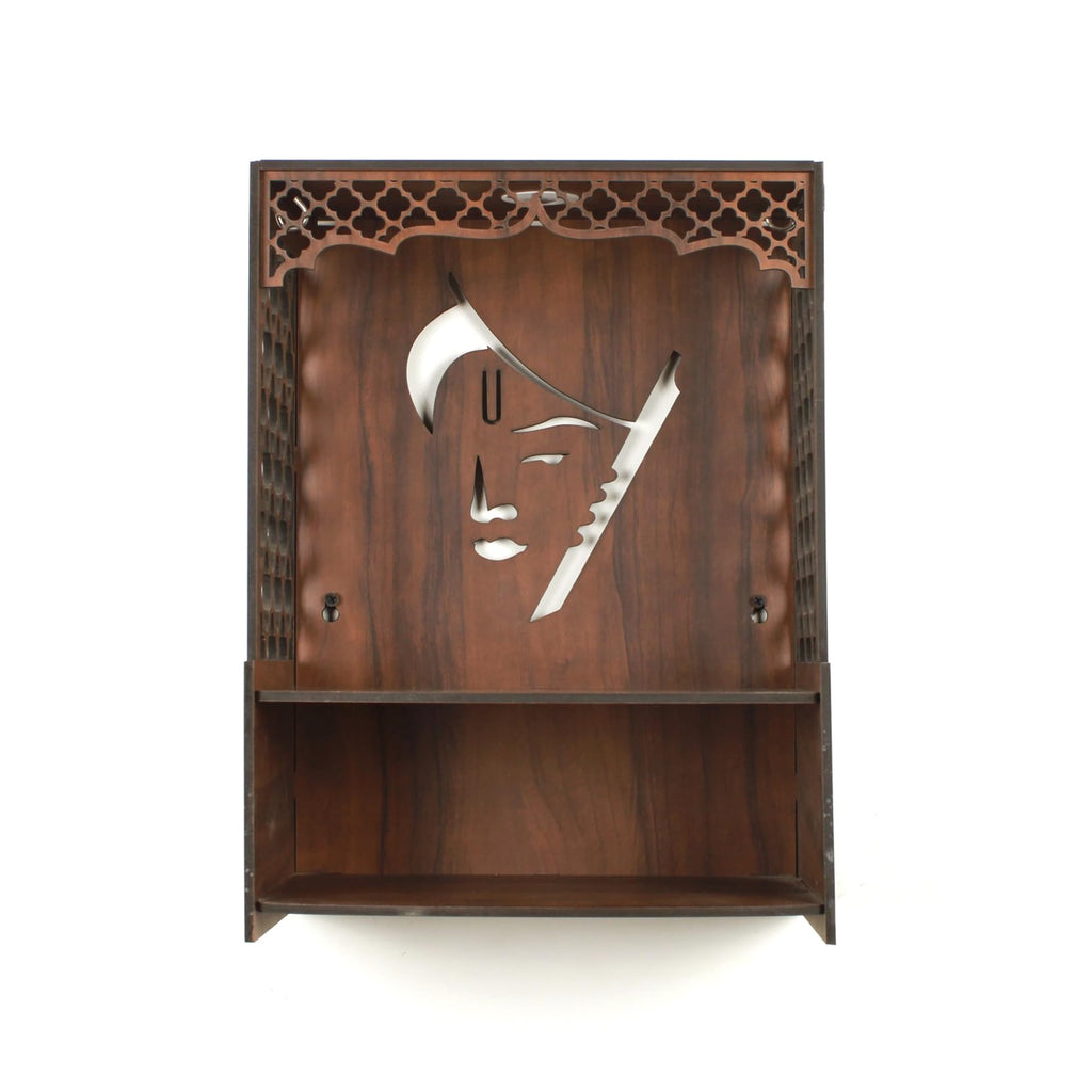 Wooden Wall-Mounted Pooja Mandir with LED Light, Decorative Curtains and Tassels, Brown Colour for Home & Office (H 15.5xW12xD8 Inches) (Krishna)