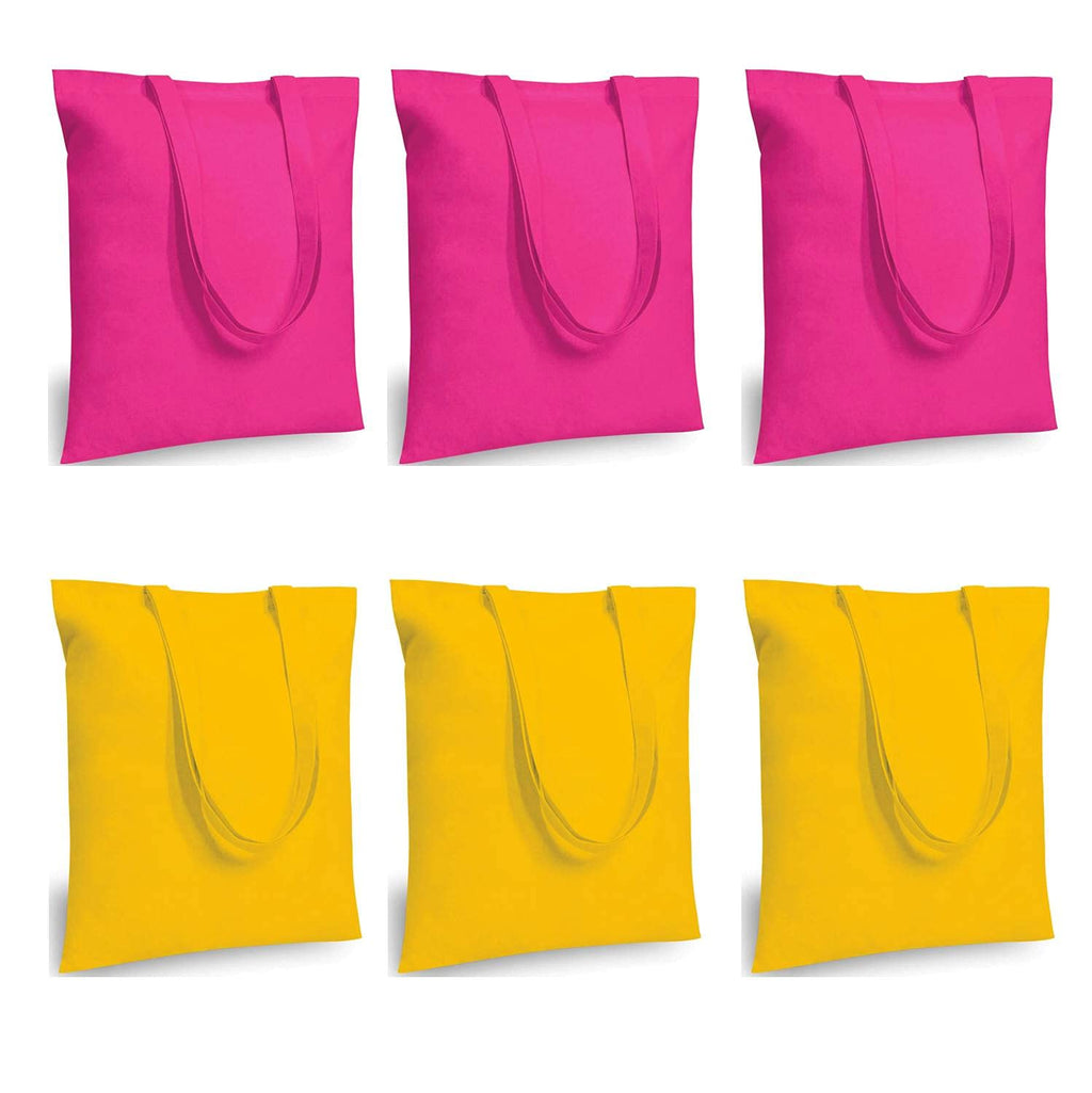 LIFY Cotton Tote Shopping Bags with Extra Strong 14 Handle, Light Weight Washable, Eco-Friendly Biodegradable Canvas Multipurpose Grocery Bag, Pink 3 Piece & Yellow 3 Piece x (Pack of 6)