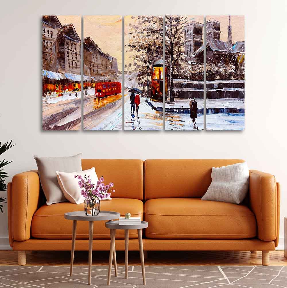 VIBECRAFTS Street View of London Five Pieces Premium Wall Painting For Home|Office|Living Room|Gift (PTVC5Pcs4_8629)