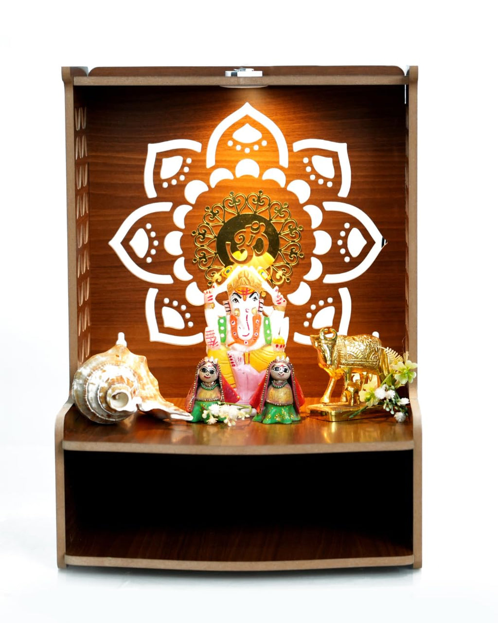 PIXELCRAFTS Wooden Temple Puja Mandir Art and Craft Temple for Home Shop Office with LED SPOT Light. (Size – H 15.5X L 11.5 x W 10.5 inch)
