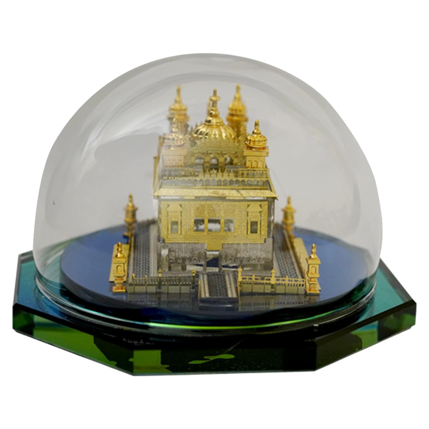 APEROL DESIGN Golden Temple Idol – Pack of 3 Miniatures Under Glass Dome | 24K Gold Plated Decorative Showpiece for Home, Office, Car Dashboard & Gifting | Size: 9×8×7.5 cm Each