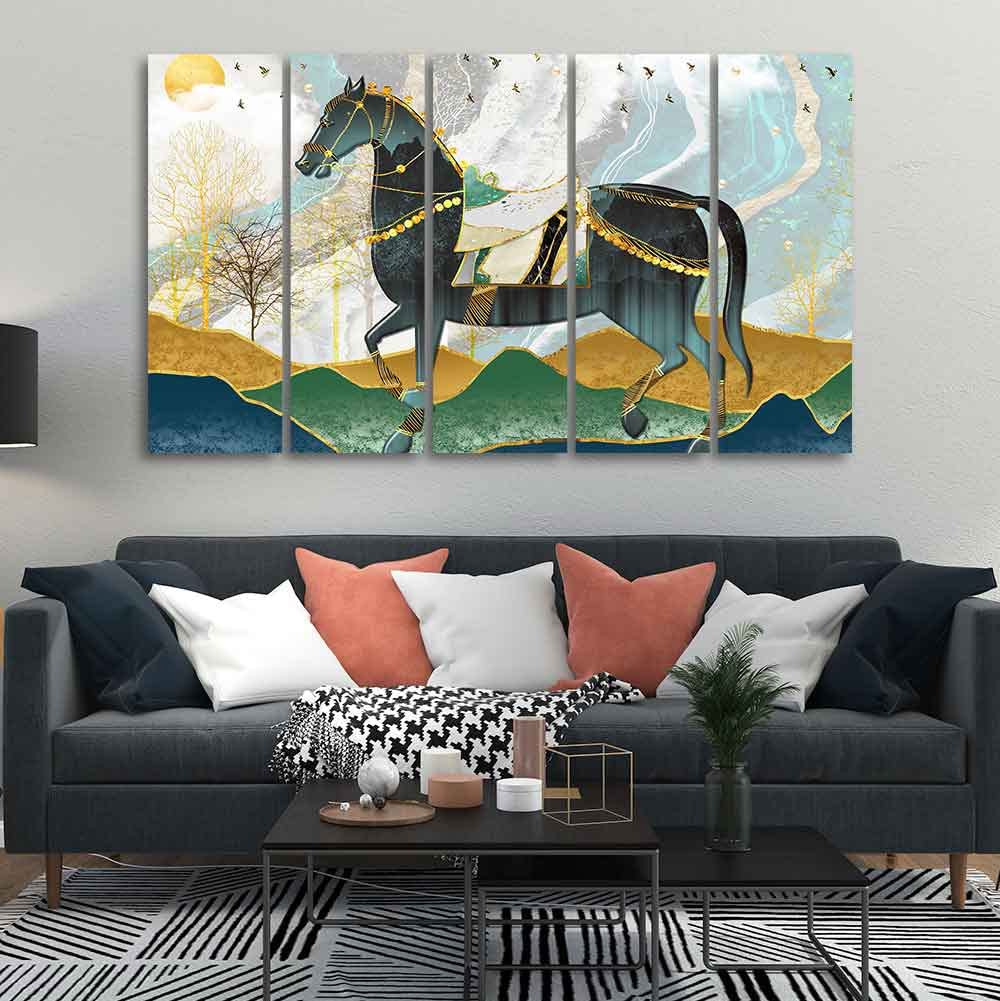 VIBECRAFTS Premium Wall Painting of Horse and Golden trees with Colored Mountains of Five Pieces For Home|Office|Living Room|Gift (PTVC5Pcs4_8727)