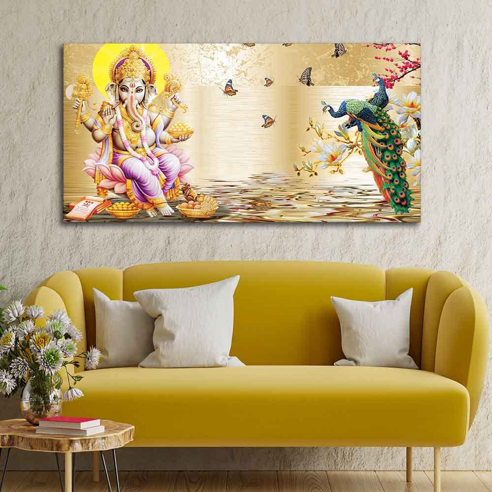 VIBECRAFTS Canvas Paintings for Living Room Drawing Room Ganesha And Peacocks Canvas Wall Painting Fitted With Wooden Frame For Home | Office | Living Room | Gifts (PTVCH_2567)