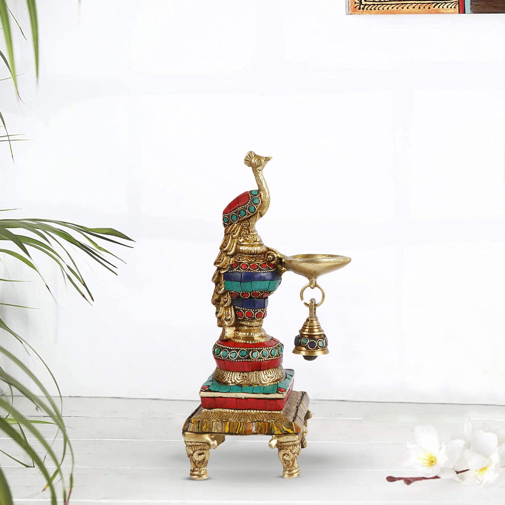 Artvarko Brass Multicolor Bird Peacock Hanging Chain Diya Oil Lamp Stand with Bell, 10 Inches