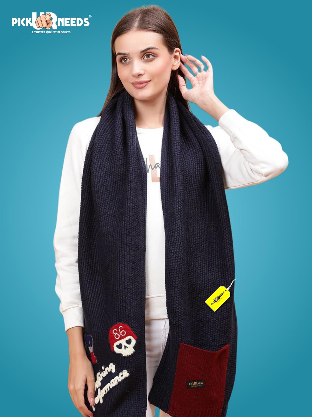 Pick Ur Needs Women Winter Woolen Muffler with Trendy Patch Design Soft Warm Knitted Scarf for Girls & Ladies Stylish Casual Mufflers (Navy Blue)