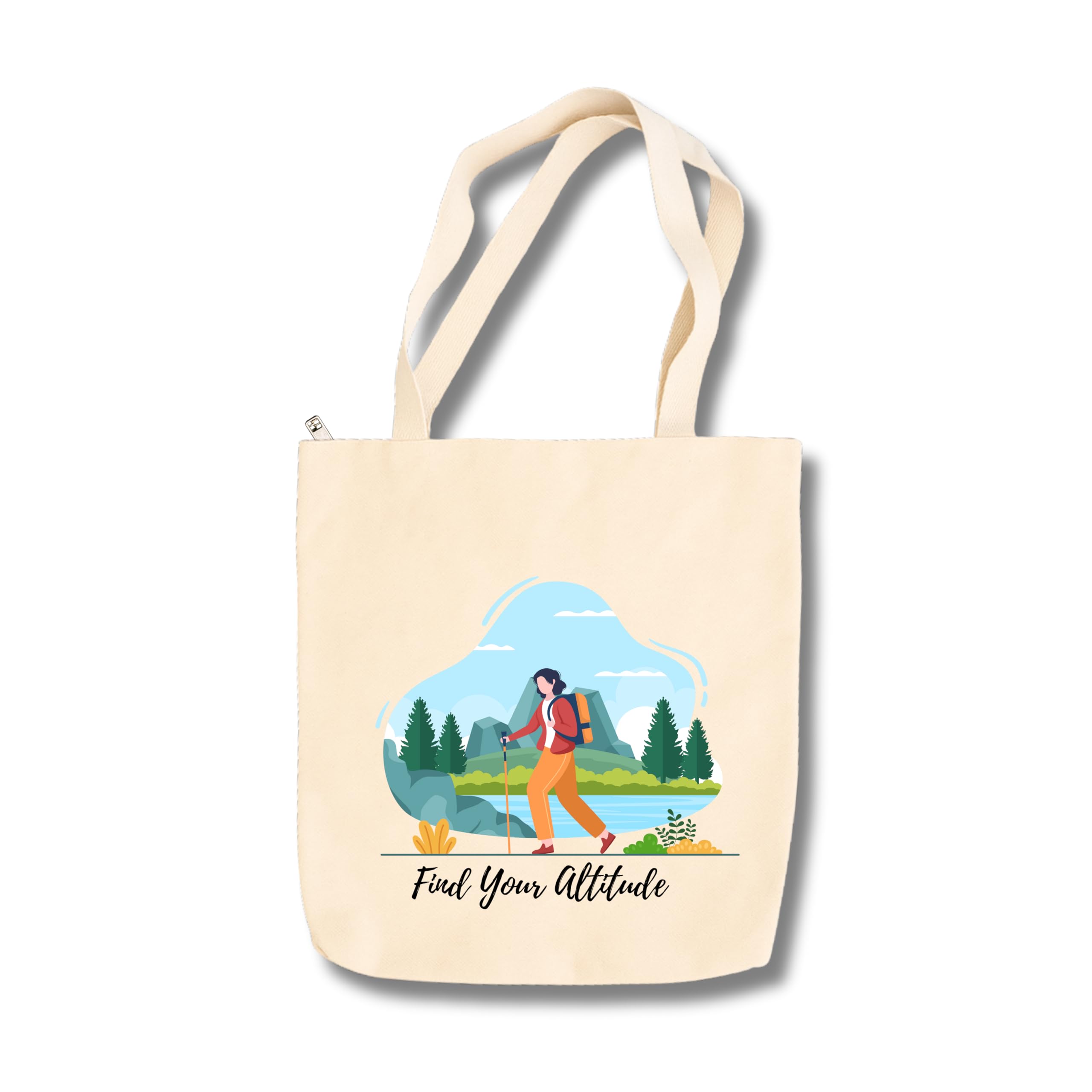 snapiq COTTON 350 GSM Canvas Tote Bag for Women and Girls Thick Fabric with Zipper (Beige, Hike Girl)