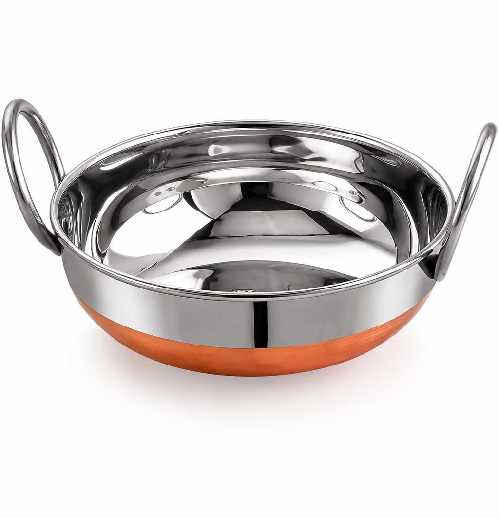 PAVANI Enterprises Stainless Steel Copper Bottom Kadhai with Handles | Heavy Duty Induction & Gas Compatible Cooking Kadai | Silver & Copper | Size No. - 10 (1 L)