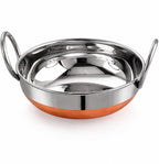 PAVANI Enterprises Stainless Steel Copper Bottom Kadhai with Handles | Heavy Duty Induction & Gas Compatible Cooking Kadai | Silver & Copper | Size No. - 10 (1 L)