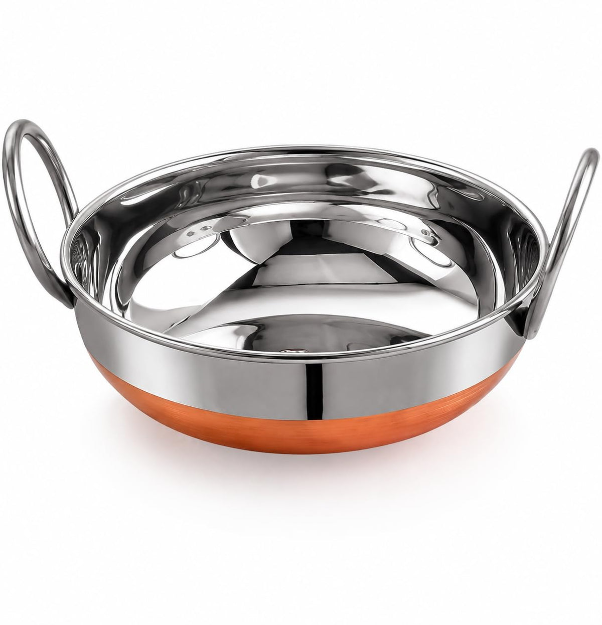 PAVANI Enterprises Stainless Steel Copper Bottom Kadhai with Handles | Heavy Duty Induction & Gas Compatible Cooking Kadai | Silver & Copper | Size No. - 12 (2 L)