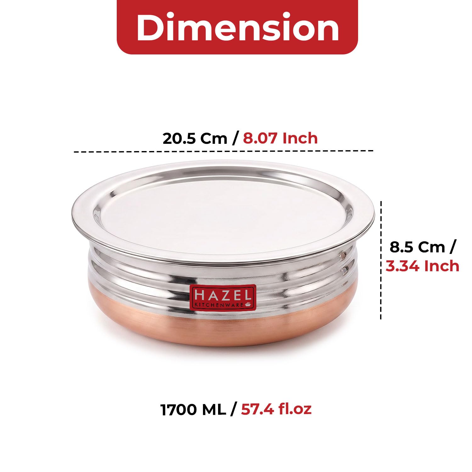 HAZEL Copper Bottom Uruli with Lid | Urli Vessel Cooking Stainless Steel | Serving Tope Handi | Kitchen Items for Home Cooking, 1700 ML