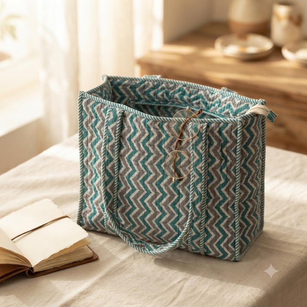 LOOMARTE Quilted Cotton Printed Tote Bag for Women & Girls (Teal)
