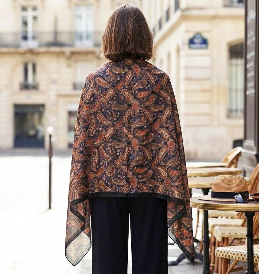 Alexvyan Satin Silk Summer Scarves 180 x 84 cm, Brown Paisley Theme with Stitched Border, Lightweight Fashion Scarf for Women Sun Protection Stole