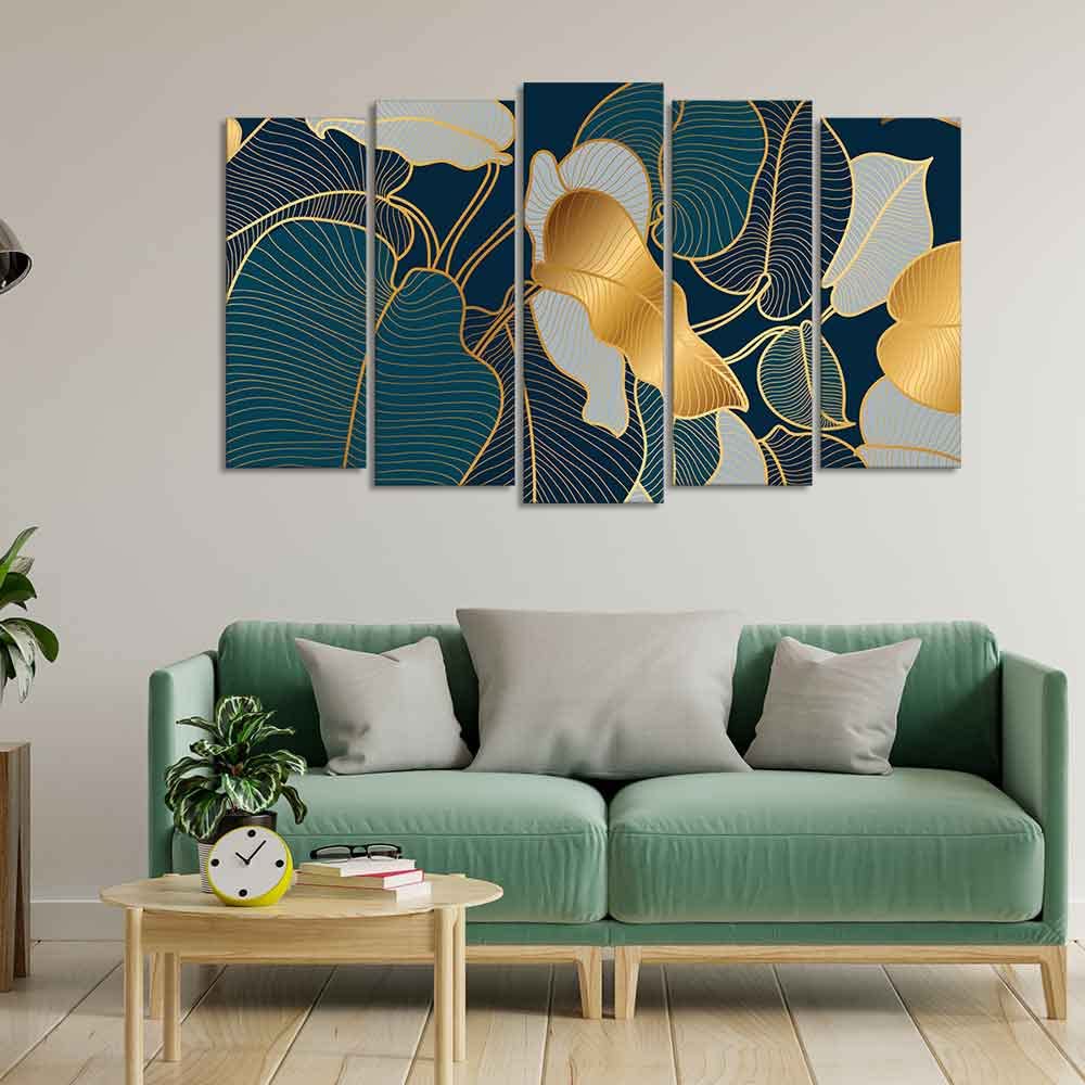 VIBECRAFTS Luxury Golden Art Monstera Leaves Five Pieces Canvas wall Painting For Home|Office|Living Room|Gift (PTVC5Pcs2_6592)