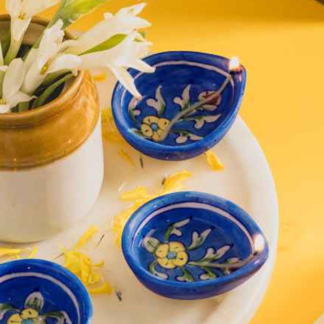 ATRANGI STUDIO Tulip Blue Pottery Diya - Set of 10 | Handcrafted Decorative Oil Lamps | Colourful diyas for puja Rituals, Festive Decoration | Perfect for Rangoli, Traditional Lighting (Blue)