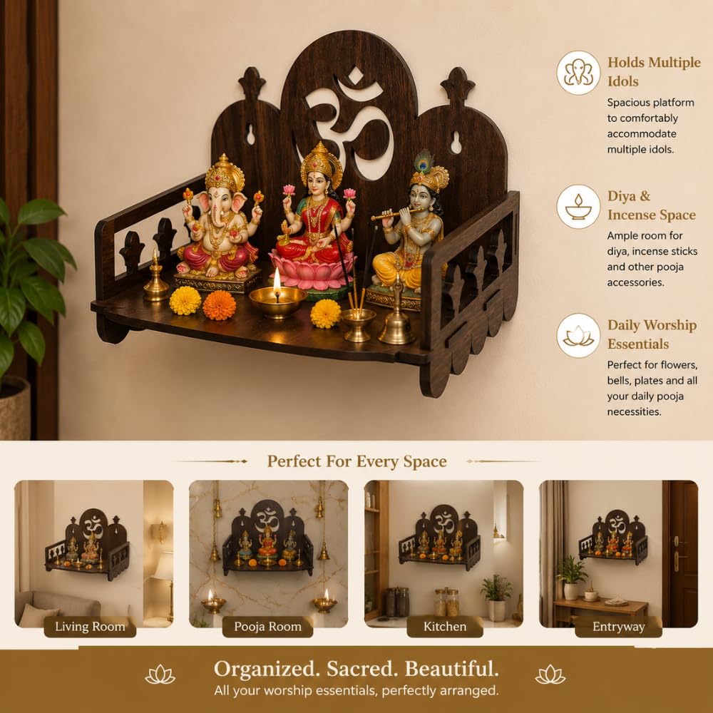 TruRise Wooden Pooja Mandir for Home Wall | Small Temple for Office & Room | Indian Wooden Temple for Table or Shelf | Compact DIY Mandir | 12x9x6 Inch | Classic Design